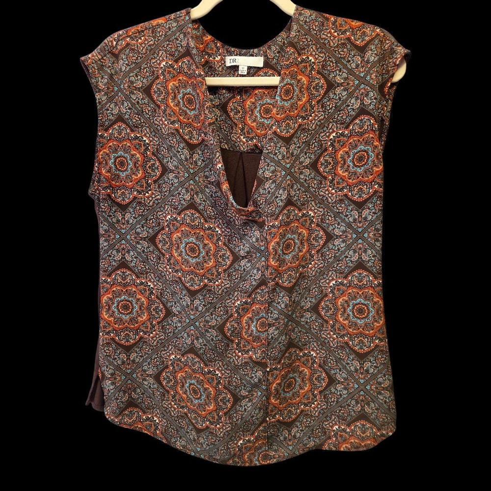 DR2 Tank Blouse‎ Fits Medium Marked XS Geometric Mandella Pattern Brown